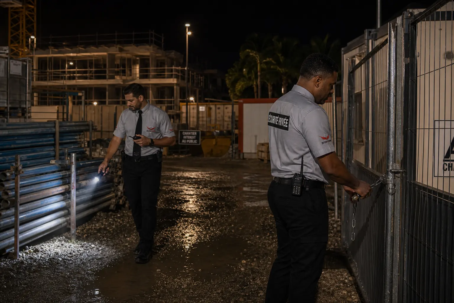 Agents ASRUN contrôlant un accès de chantier de nuit