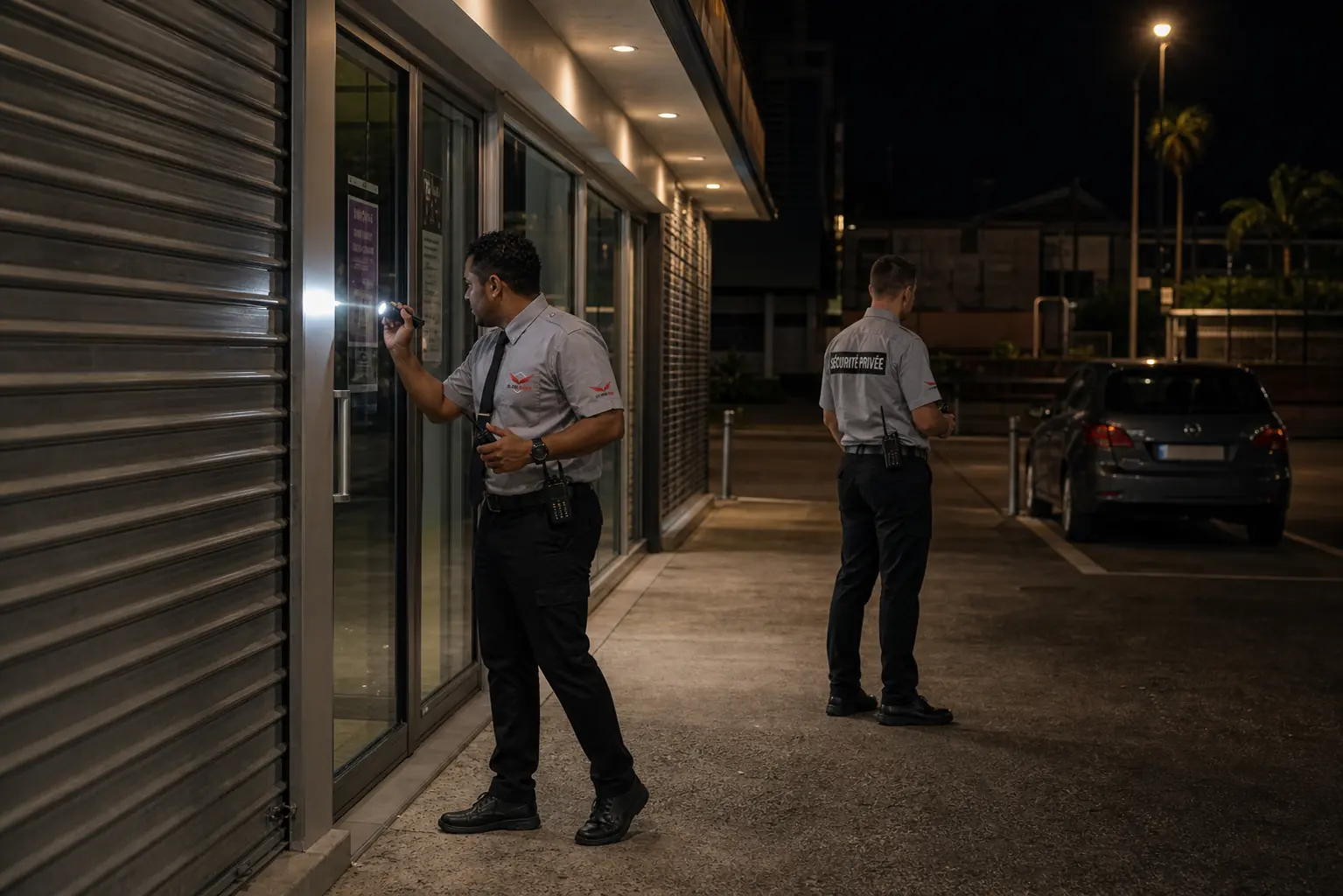 Agents ASRUN vérifiant un commerce fermé après alerte