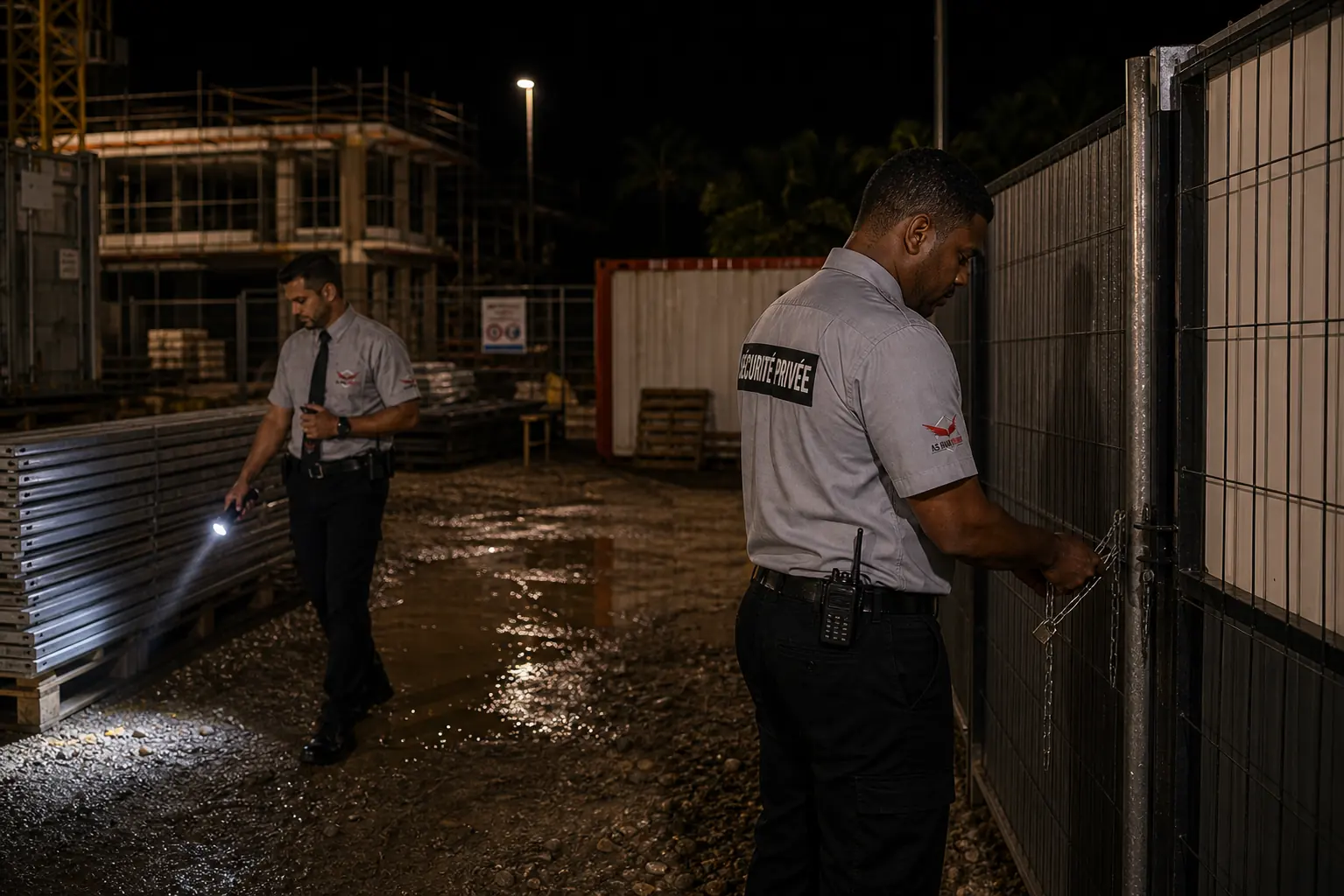 Agents ASRUN contrôlant les accès d’un chantier de nuit